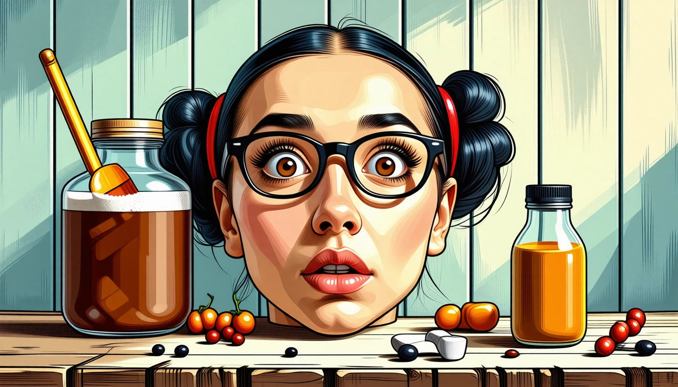 Woman's head with glasses on wooden table, surrounded by jars, berries, and small fruits against a striped background