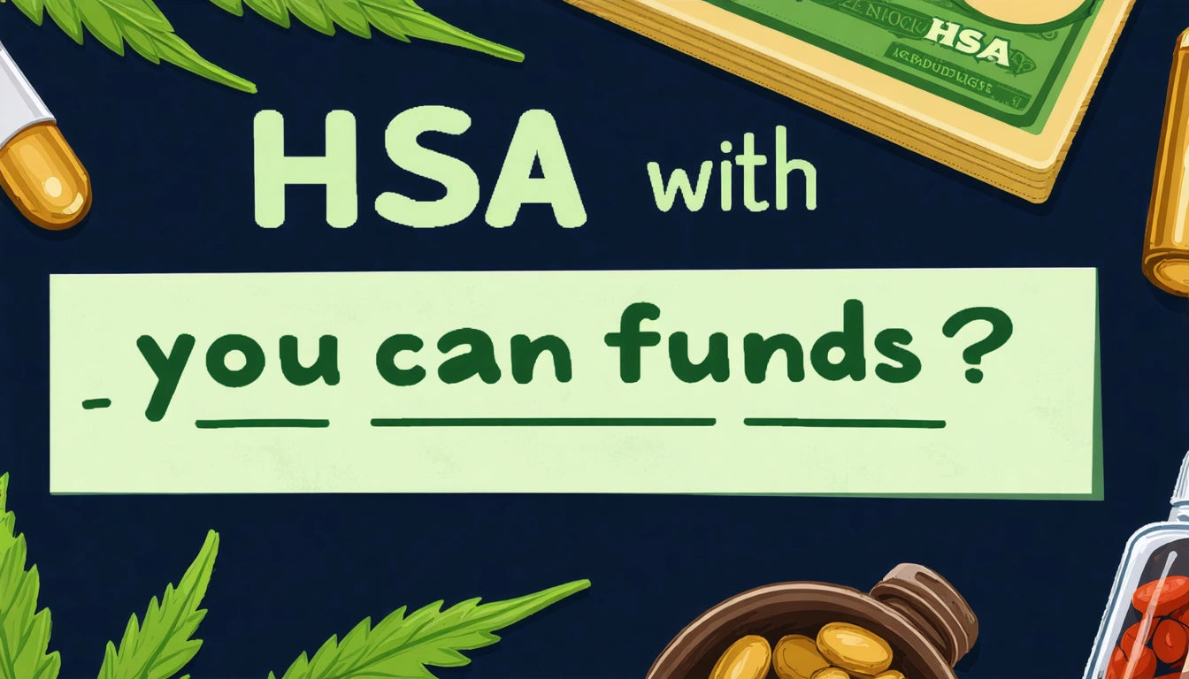 Green text on dark background reads "HSA with you can funds?" surrounded by leaves, pills, and a stack of money