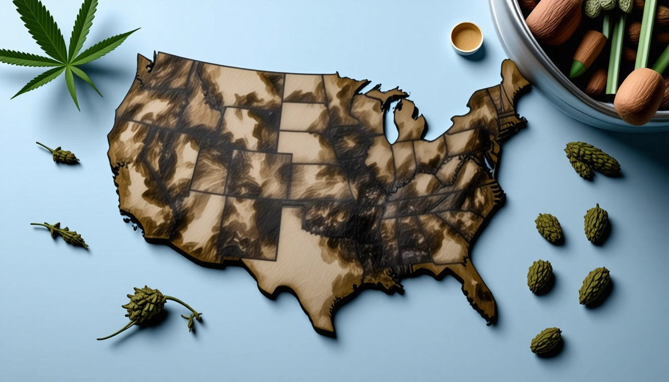 Wooden map of the United States with dark patterns, surrounded by cannabis leaves, buds, and a bowl of vegetables on a blue surface