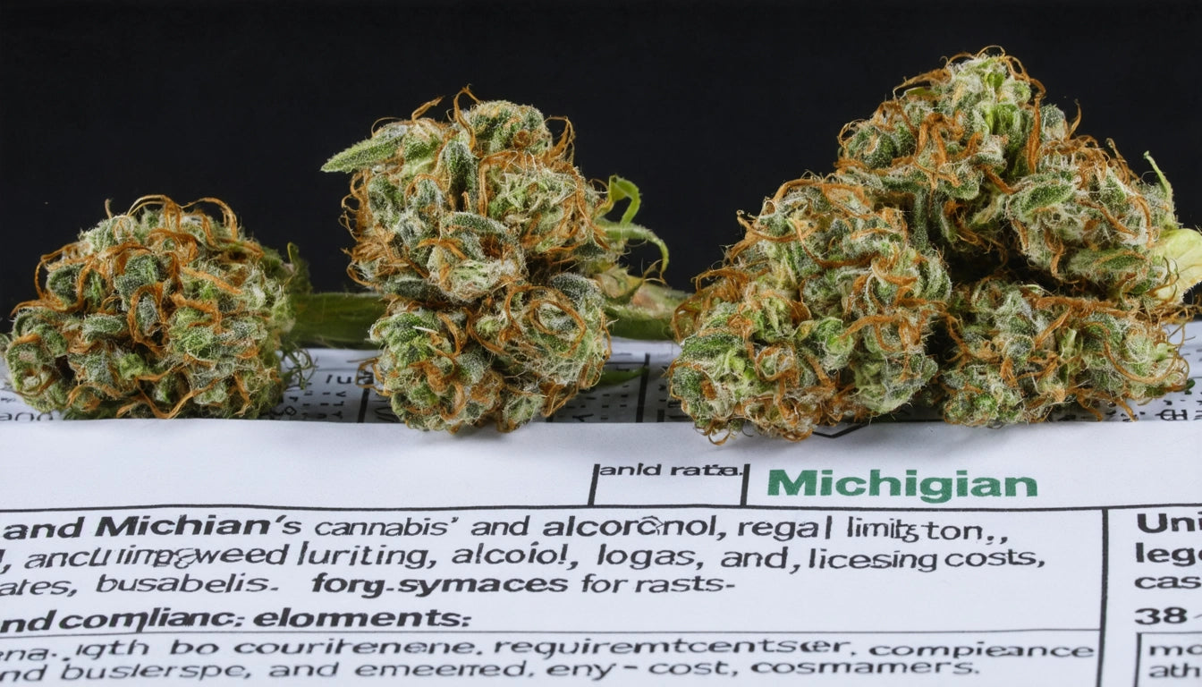 Three dense, green and orange buds on a document with text, including a highlighted word "Michigan" in green