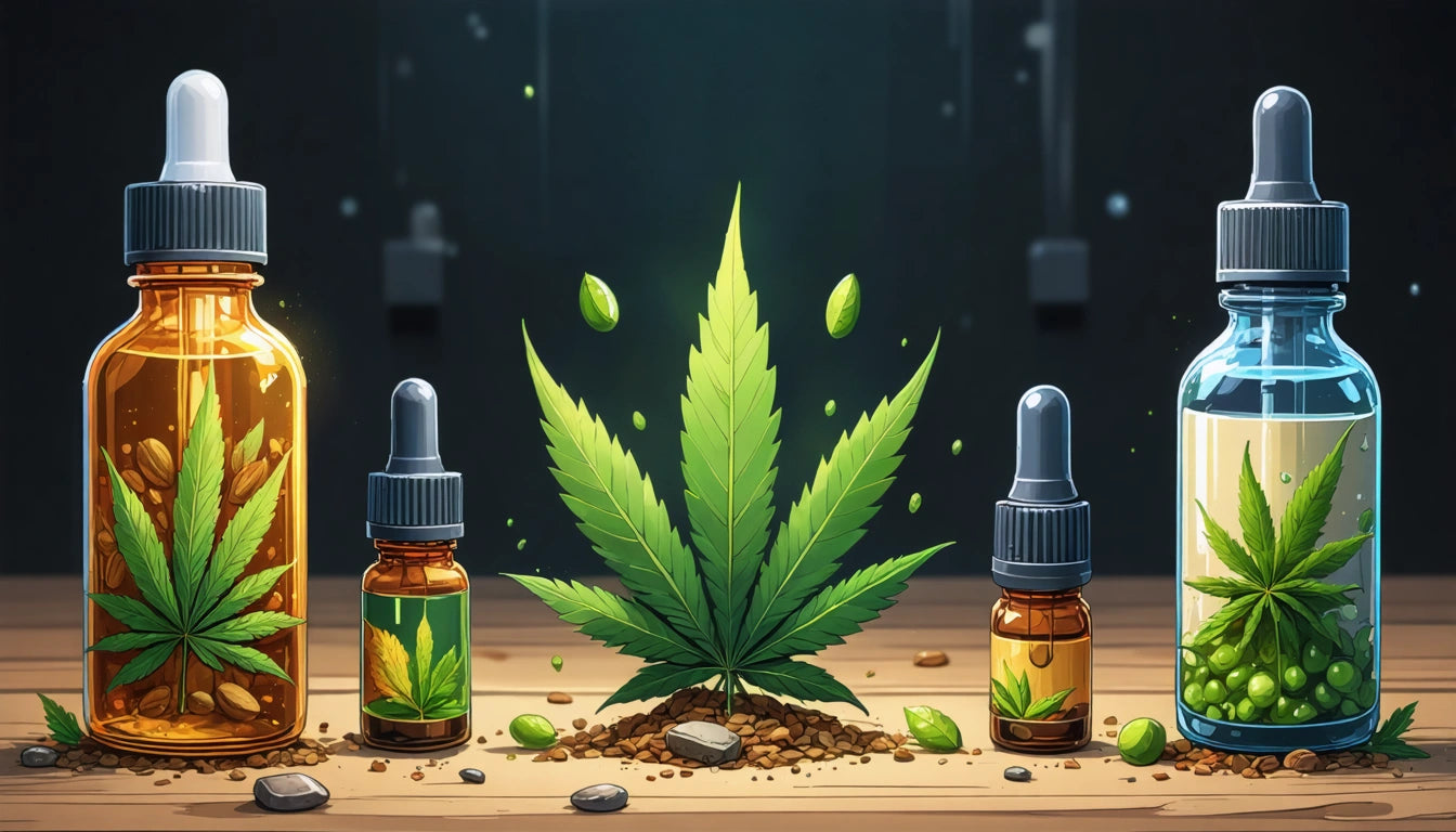 Glass bottles with droppers, containing green leaves and seeds, surround a large green leaf on a wooden surface