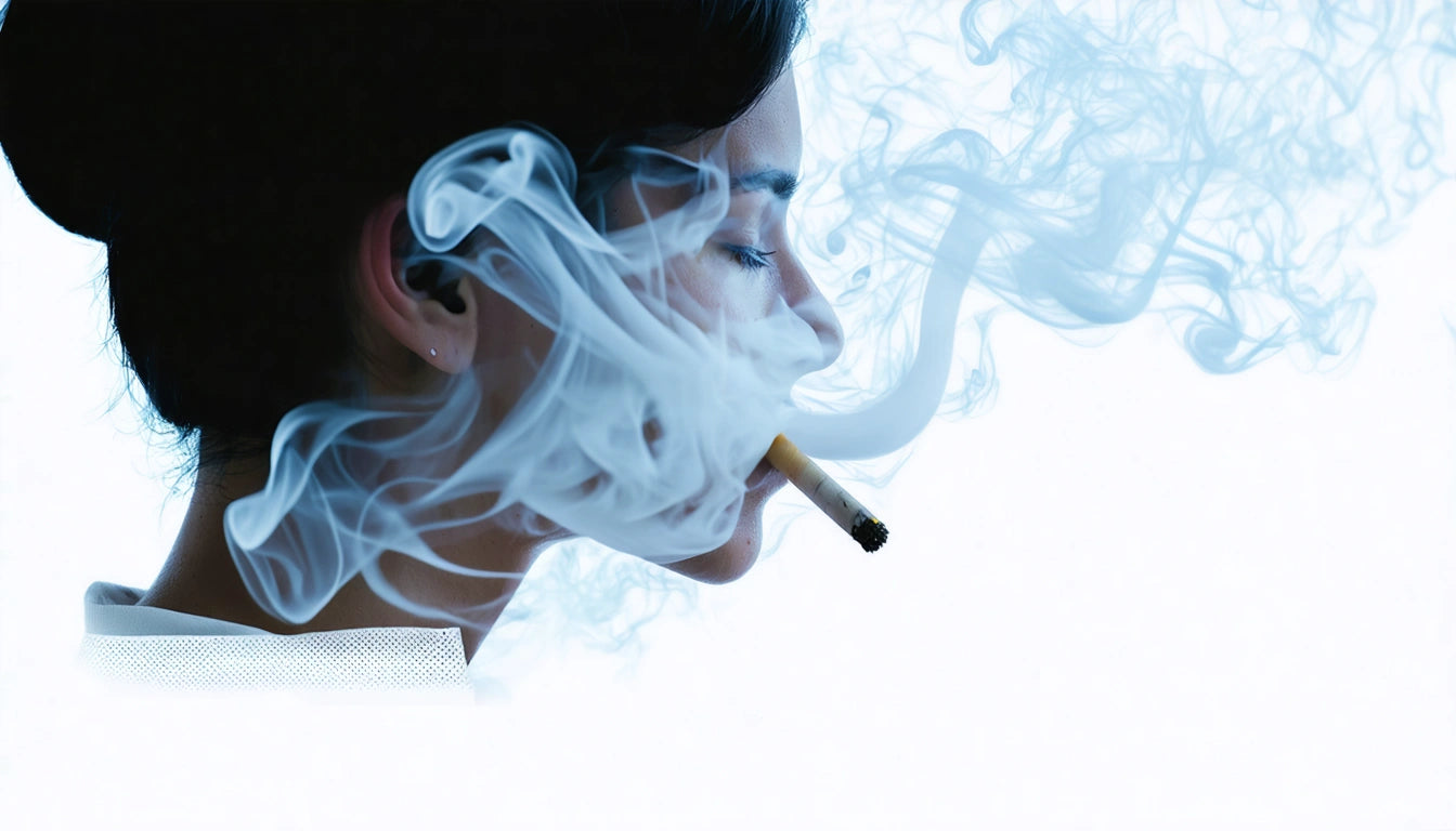 Person with closed eyes exhaling smoke from a cigarette, smoke swirling around their face against a white background