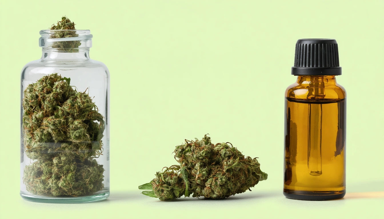 Glass jar filled with dried green buds, loose buds in center, amber bottle with black cap on right, light green background