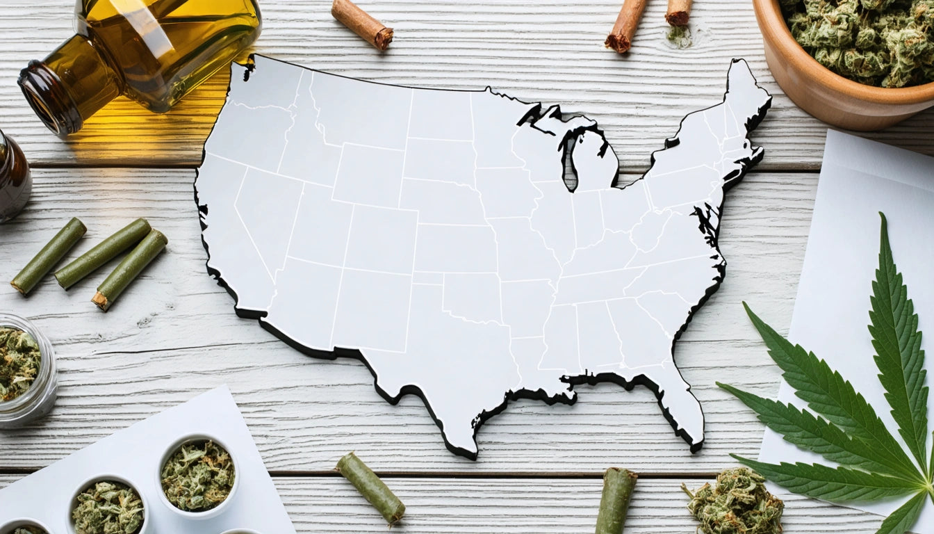 White map of the United States on wooden surface, surrounded by cannabis leaves, buds, cinnamon sticks, and a bottle