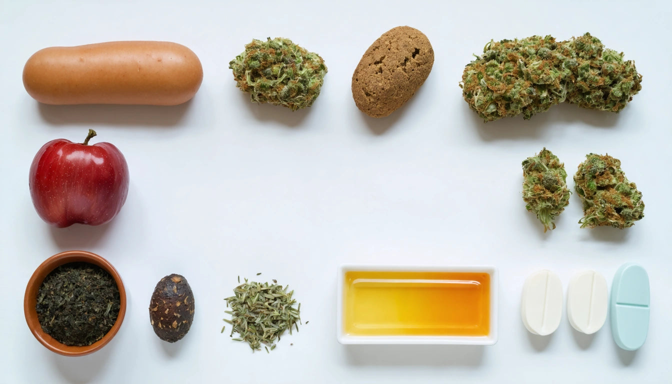 Sausage, apple, herbs, brown cookie, cannabis, honey, and pills arranged on a white background