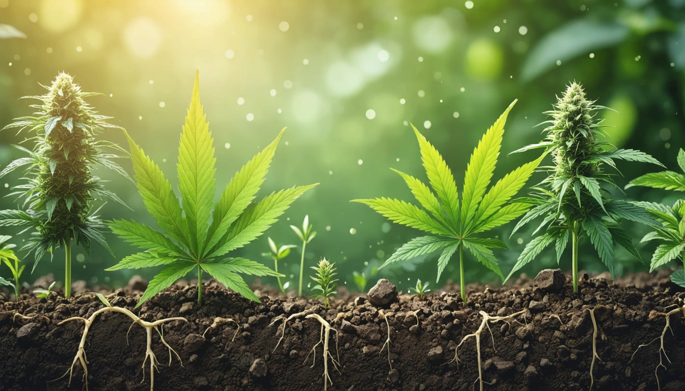 Green plants with pointed leaves growing in soil, roots visible, sunlight filtering through a blurred green background