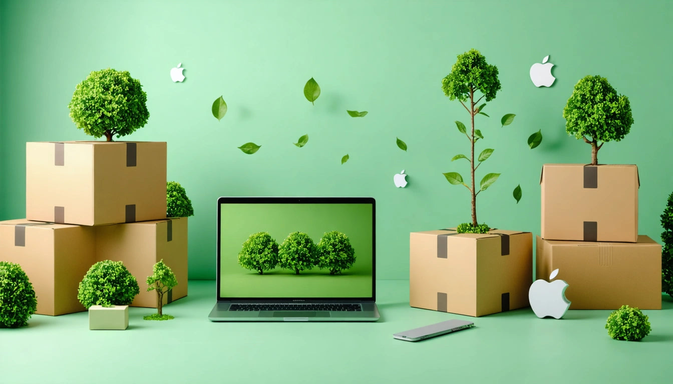 Laptop displaying trees, surrounded by cardboard boxes with small trees and leaves on a green background