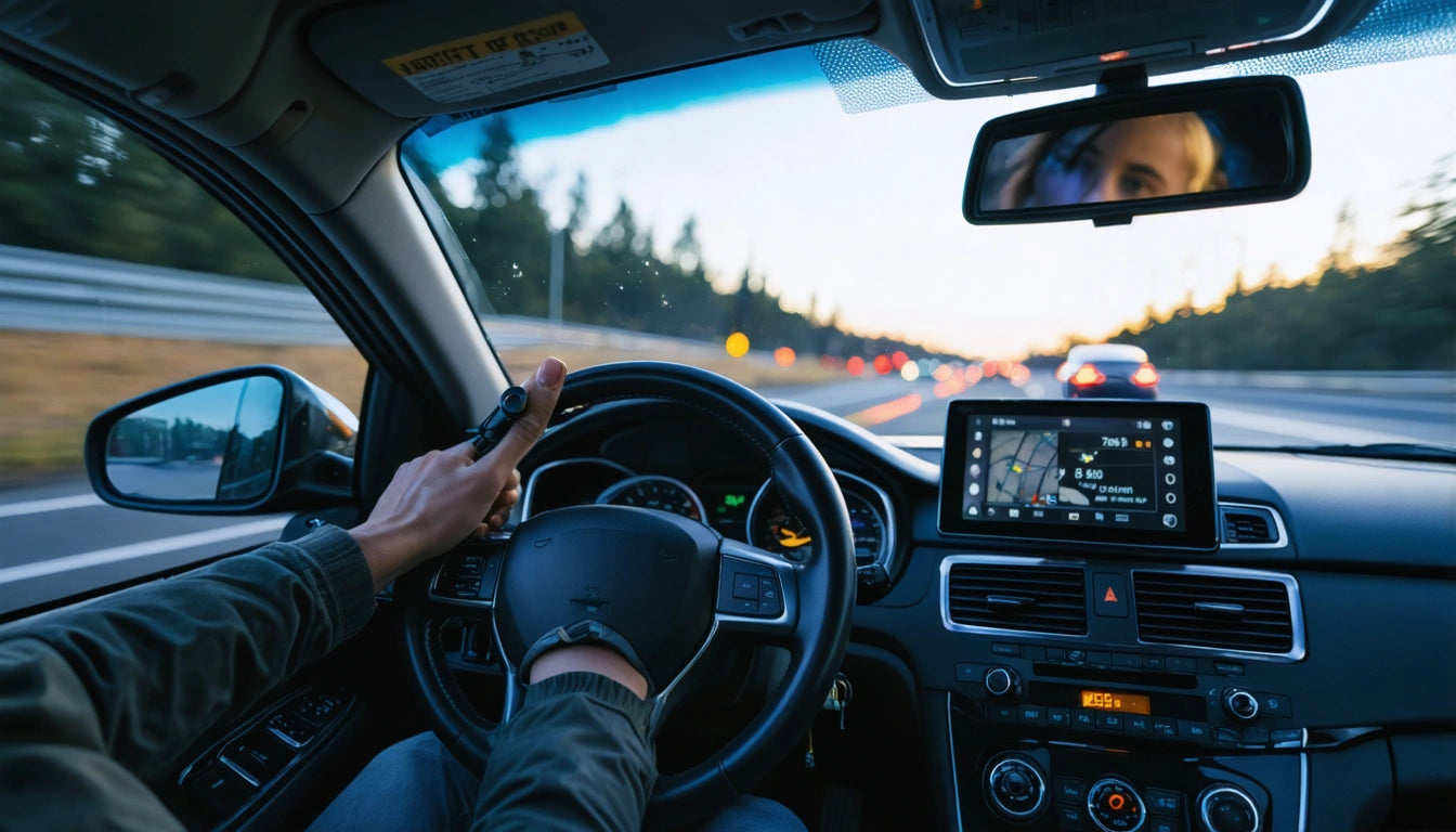 Driver's hands on steering wheel, dashboard with GPS, rearview mirror reflecting face, highway with cars, trees lining road