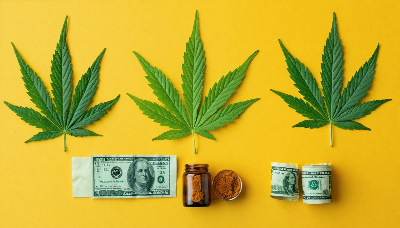 Three green leaves above a jar with orange substance, a dollar bill, and two rolled bills on a yellow background