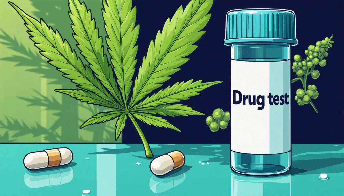 Large green leaf, pill bottle labeled "Drug test," two capsules on reflective surface, dark background with green plant