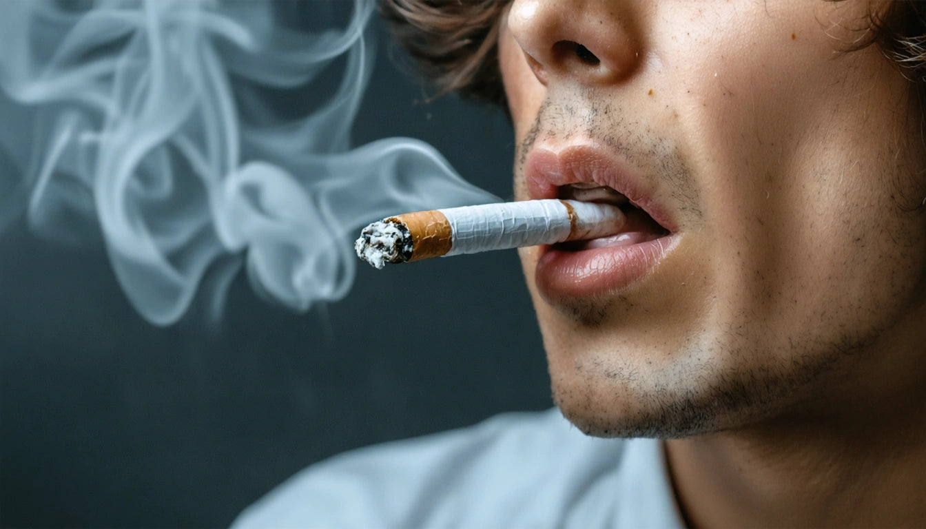 Close-up of a person's lips with a lit cigarette, smoke curling upward, against a dark background