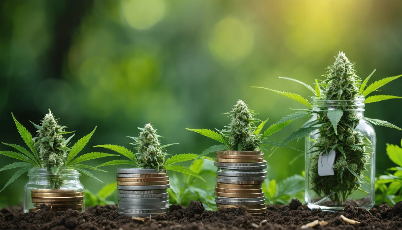 Glass jars with cannabis plants on stacked coins, placed on soil with blurred green background