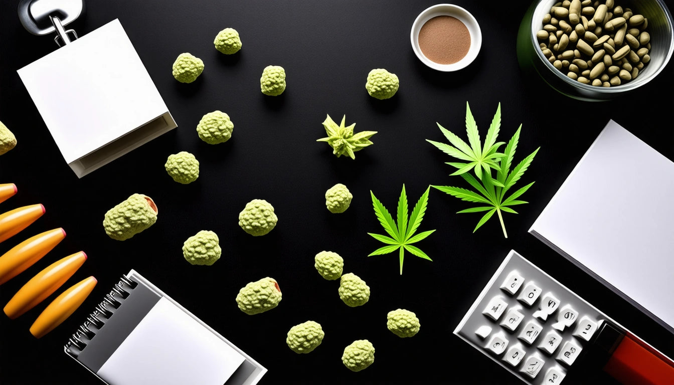 Green buds, cannabis leaves, notebooks, pills, and a calculator on a black surface