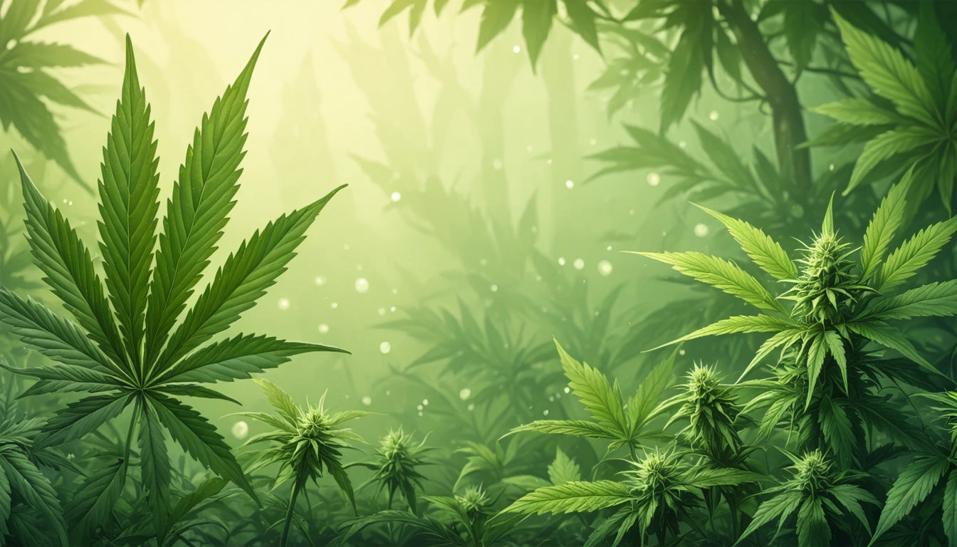 Dense green foliage with large pointed leaves and small buds, misty background with soft light filtering through