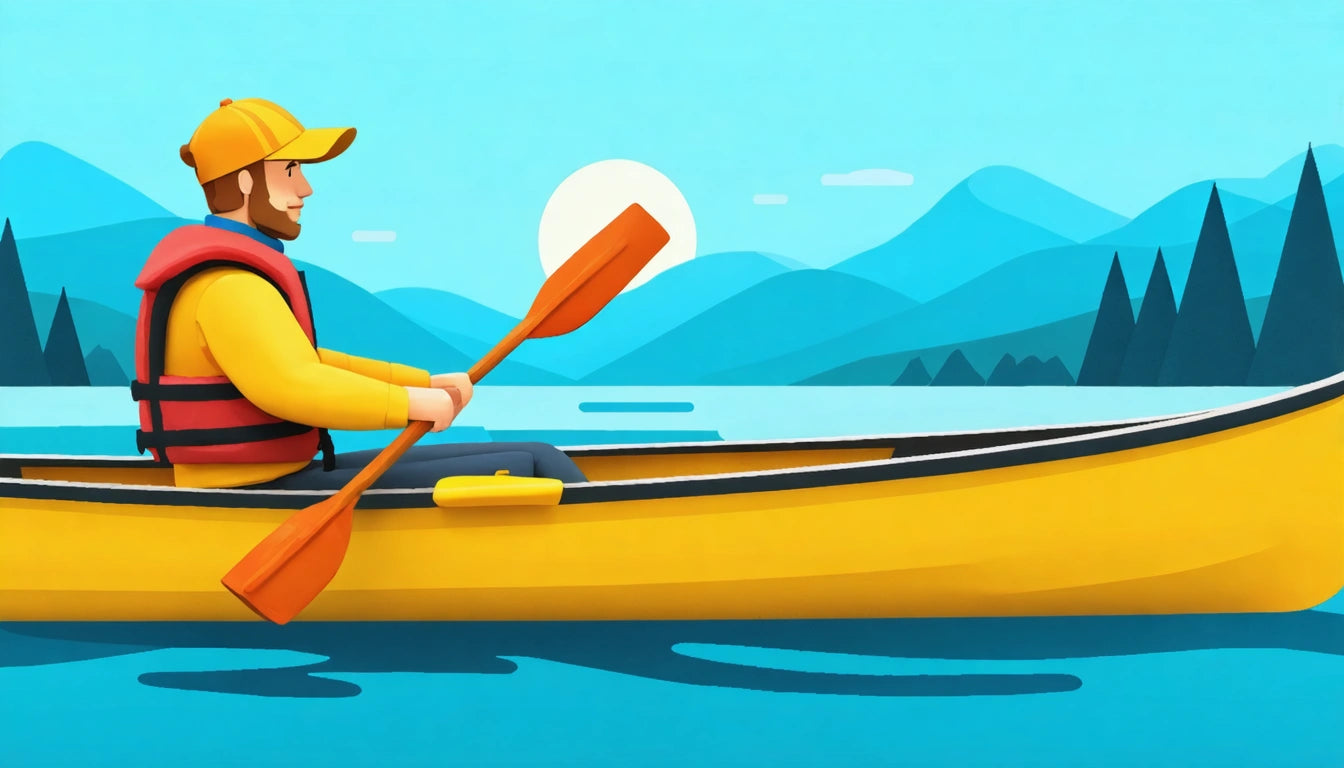 Man in yellow jacket and cap paddling a yellow canoe on a lake with mountains and sun in the background