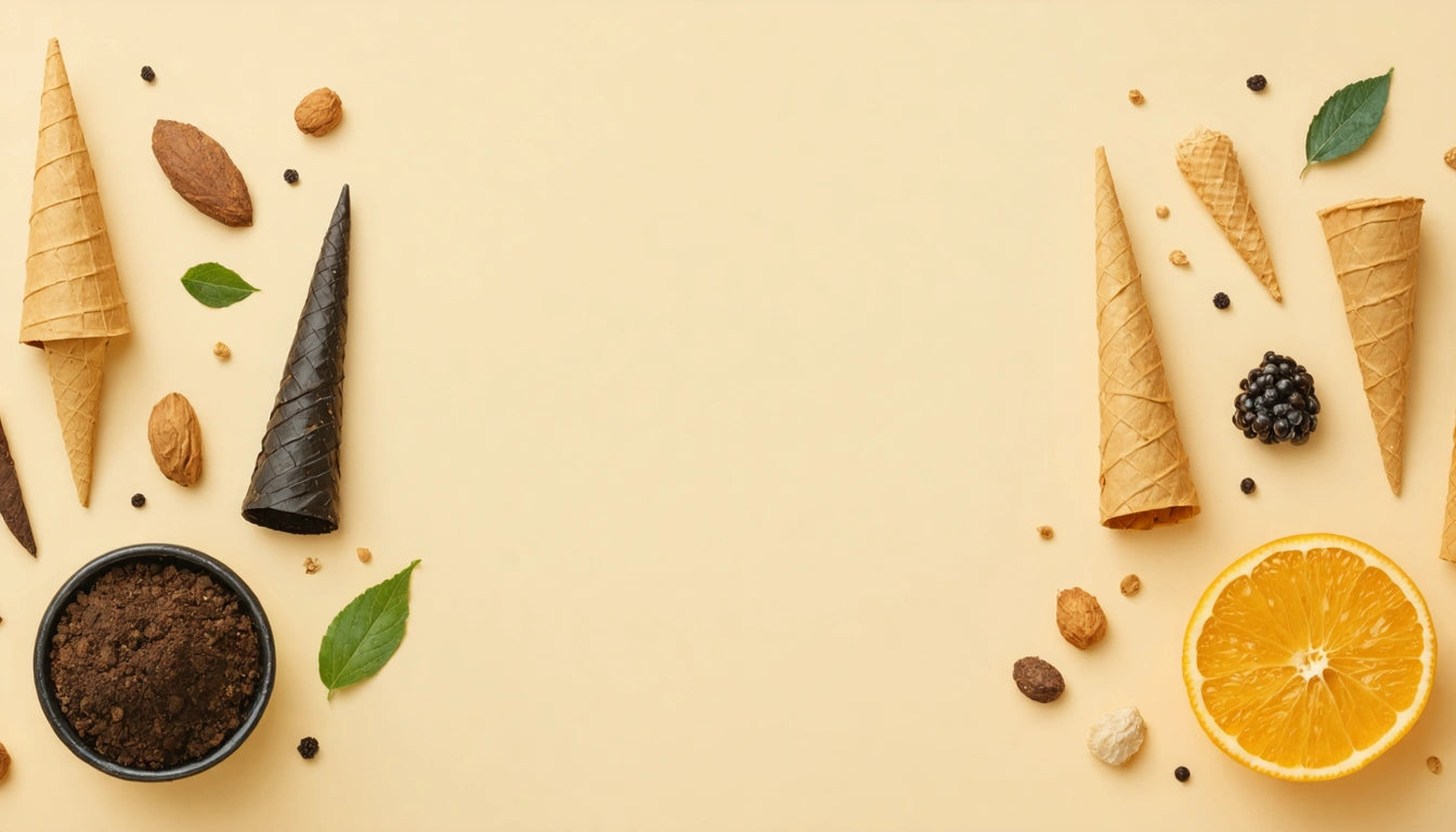 Waffle cones, nuts, leaves, and a sliced orange arranged on a light beige background; chocolate crumbs in a black bowl