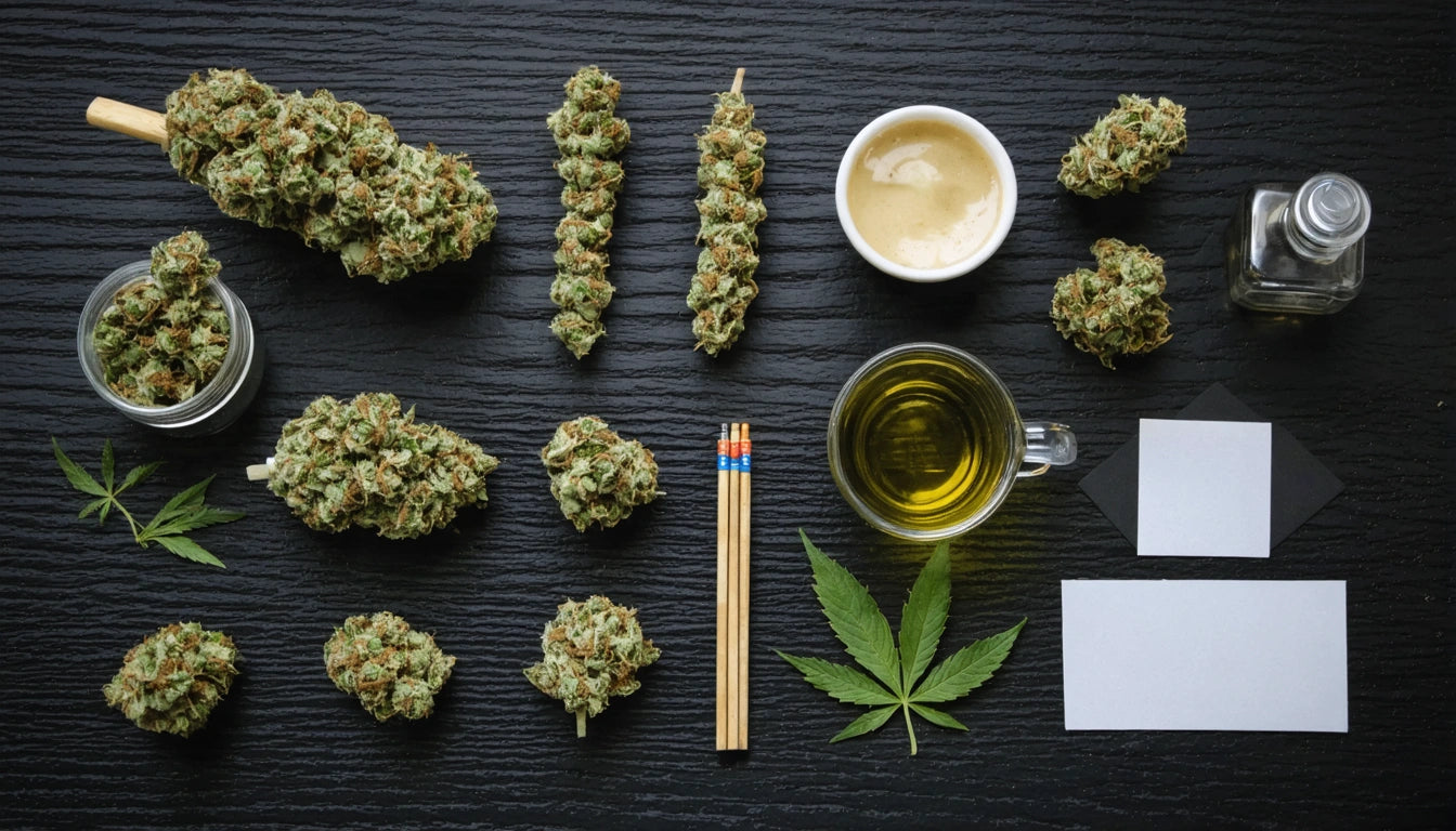 Cannabis buds, tea cup, small jar, dip bowl, leaf, and blank cards on black textured surface