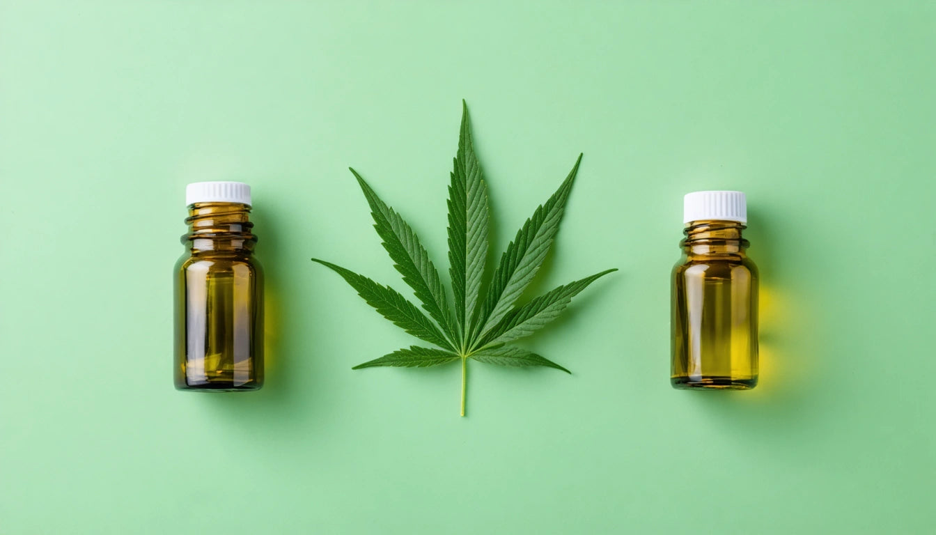 Two amber bottles with white caps flank a green leaf on a light green background