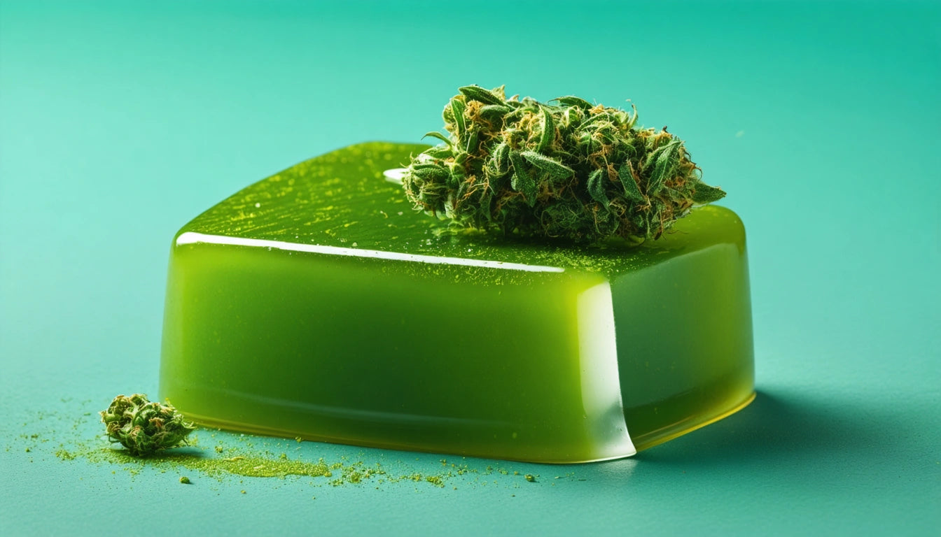 Green gelatin block with a small cluster of green plant material on top, set against a teal background