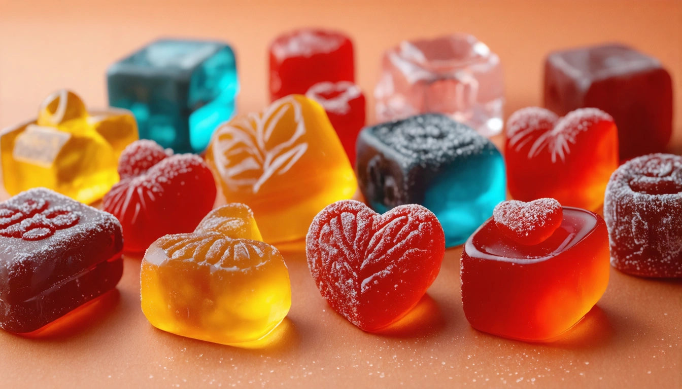 Assorted colorful gummy candies with sugar coating on an orange surface