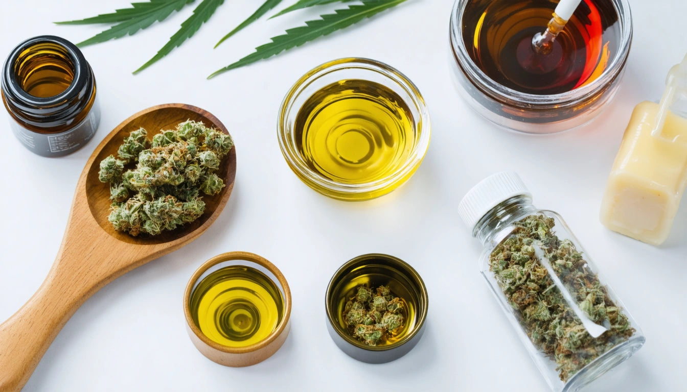 Glass jars with green buds, wooden spoon with buds, bowls of yellow and amber liquid, green leaves on white background