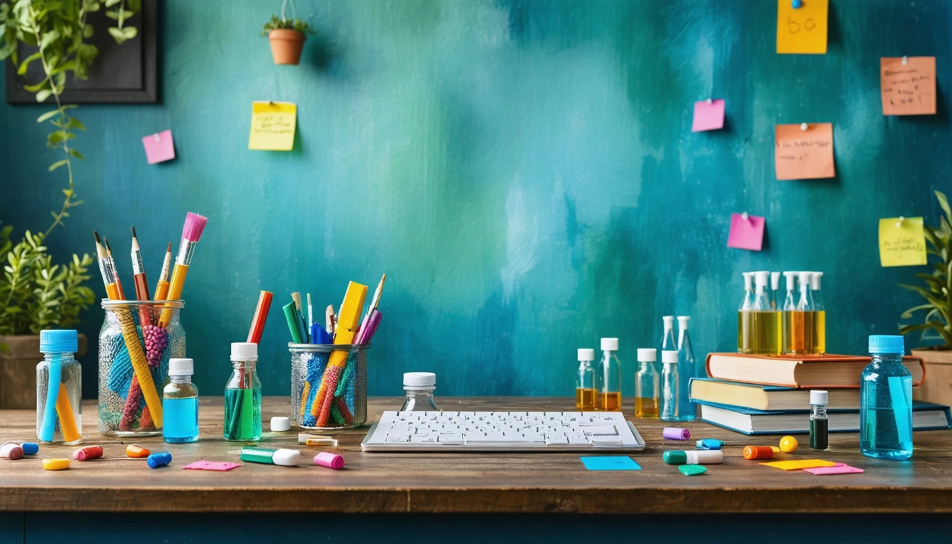 Wooden desk with keyboard, colorful pens, paintbrushes in jars, books, sticky notes on teal wall, small potted plants