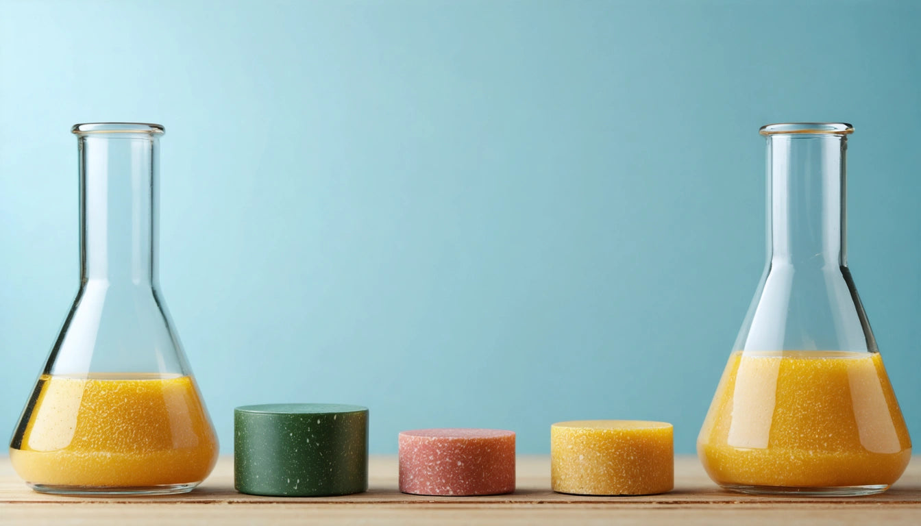 Two glass flasks with yellow liquid, three colorful round soaps on wooden surface, blue background