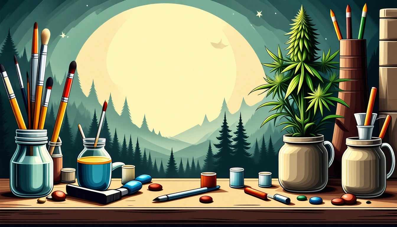 Paintbrushes in jars, colored pencils, and paint tubes on a table; potted plant and forest silhouette against a large moon backdrop