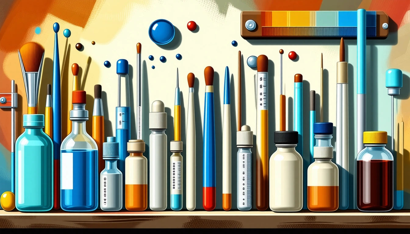 Various paintbrushes and bottles with colorful liquids arranged on a shelf against a painted wall with a color swatch