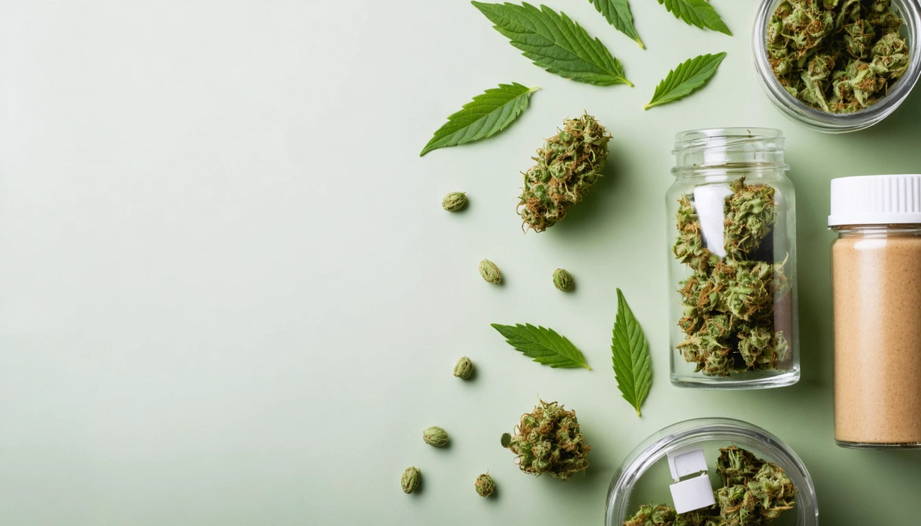 Glass jars with dried green buds and leaves scattered on a light green surface