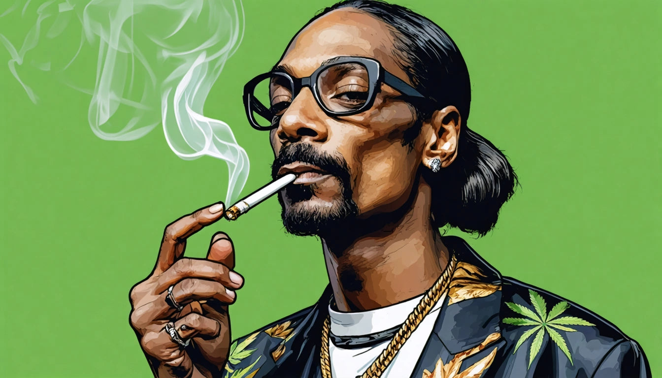 Person with glasses smoking, wearing a patterned jacket with gold leaves, against a green background