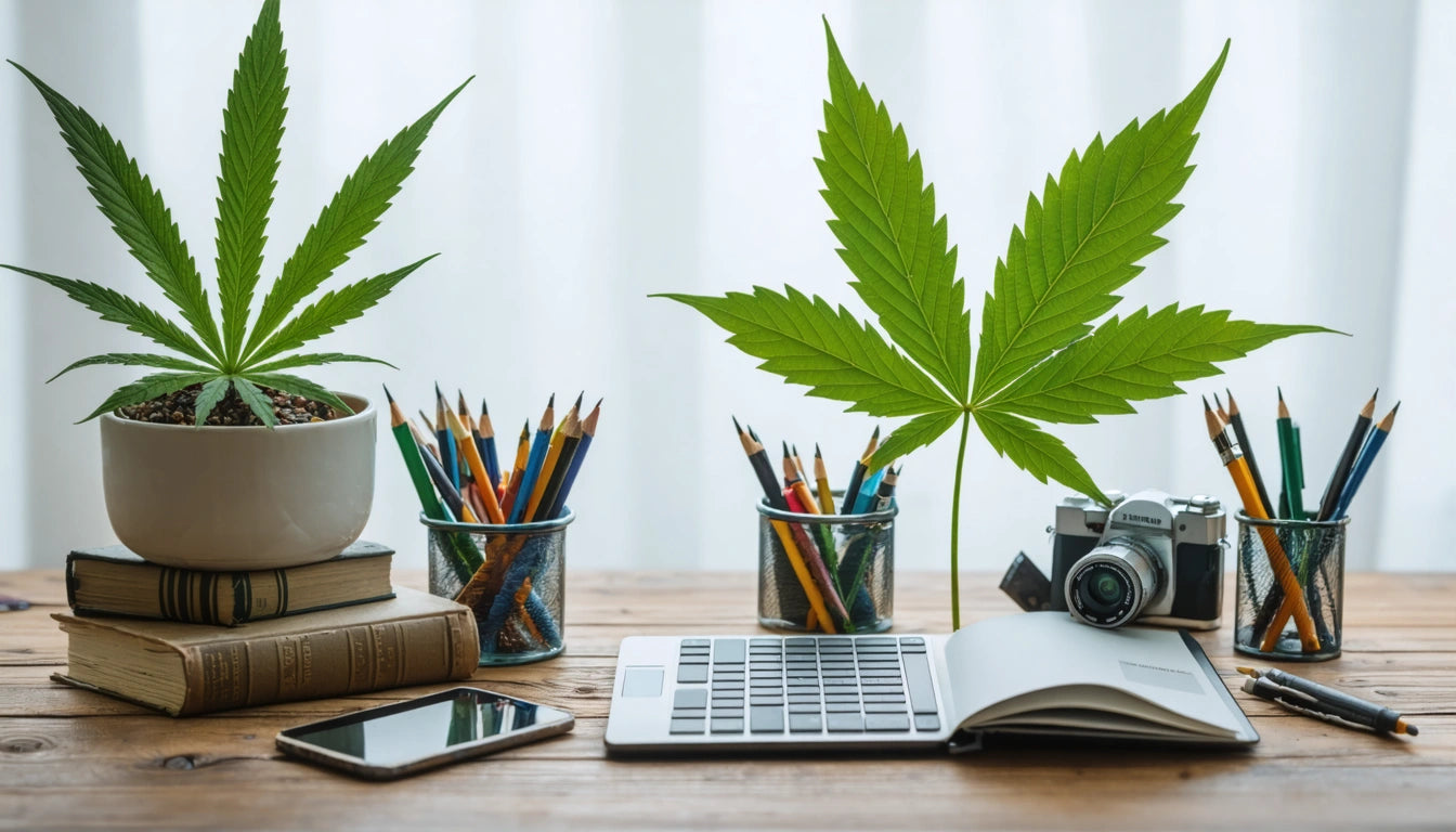 Laptop and open notebook on wooden table, surrounded by potted plants, colored pencils in jars, books, phone, and camera