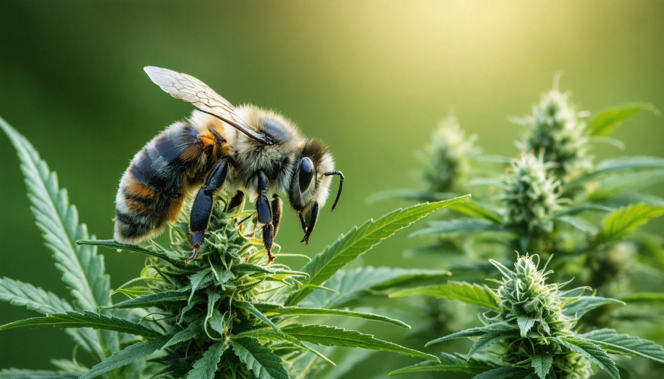 Bee perched on a green plant with pointed leaves, soft sunlight in the background