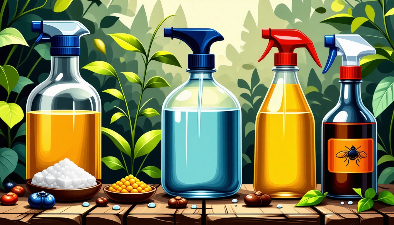 Four spray bottles with colored liquids on a wooden surface, surrounded by green plants and small bowls of powders