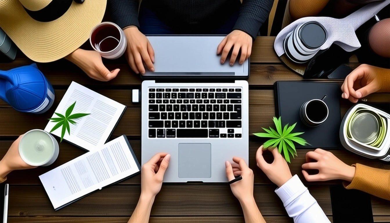 Hands around a laptop on a wooden table, holding coffee cups and green leaf cutouts, with notebooks and a hat nearby