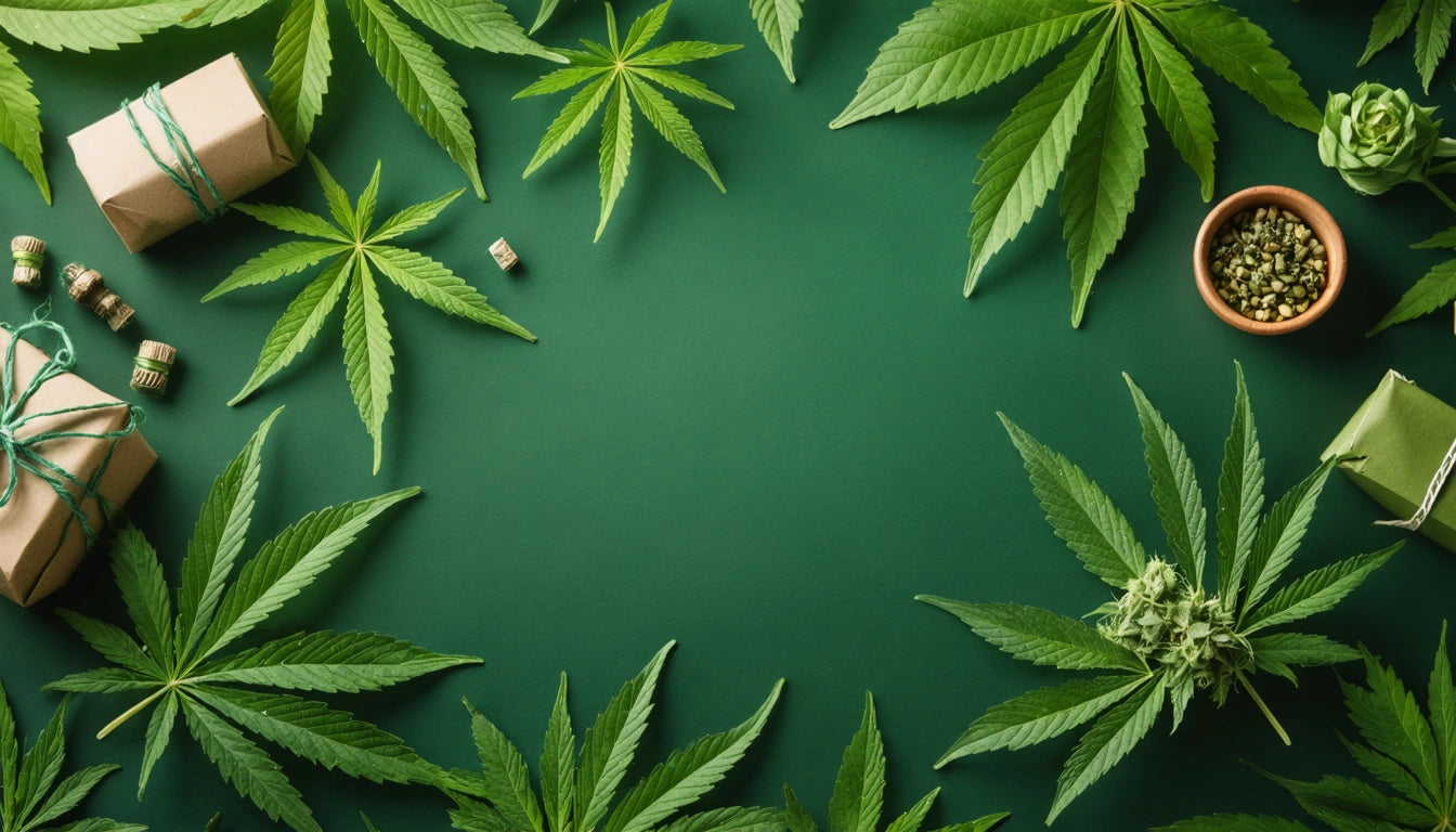 Green leaves and small packages on a green surface, with a small bowl of seeds and a succulent plant