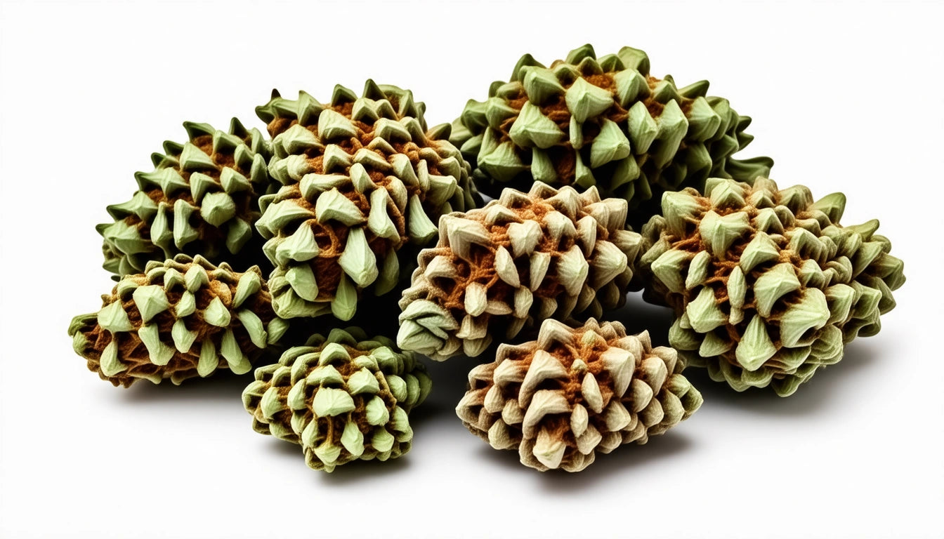 Nine intricately folded, pinecone-shaped objects in shades of green and brown on a white background