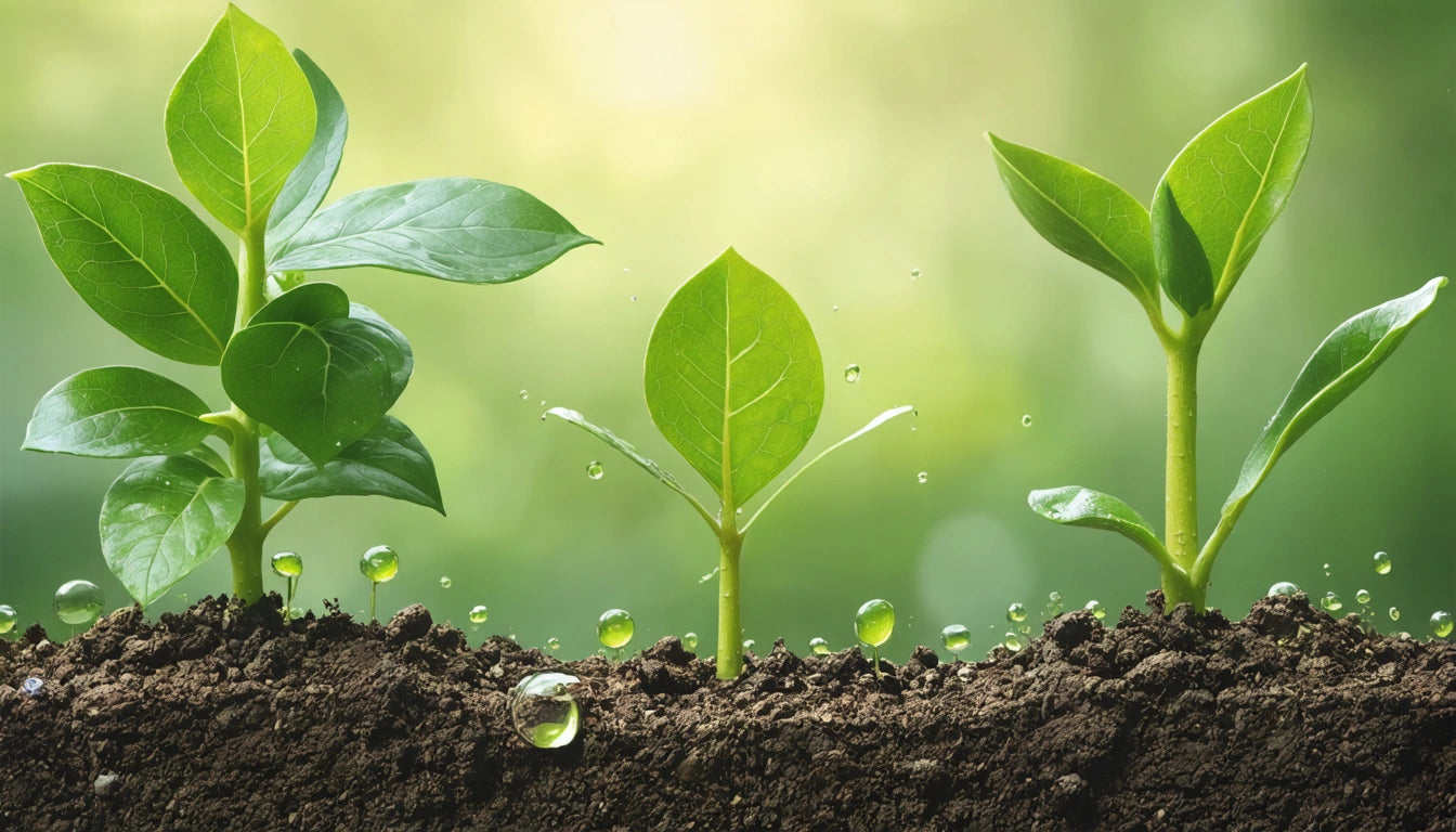 Three green seedlings sprouting from soil, with water droplets scattered on the surface, against a blurred green background