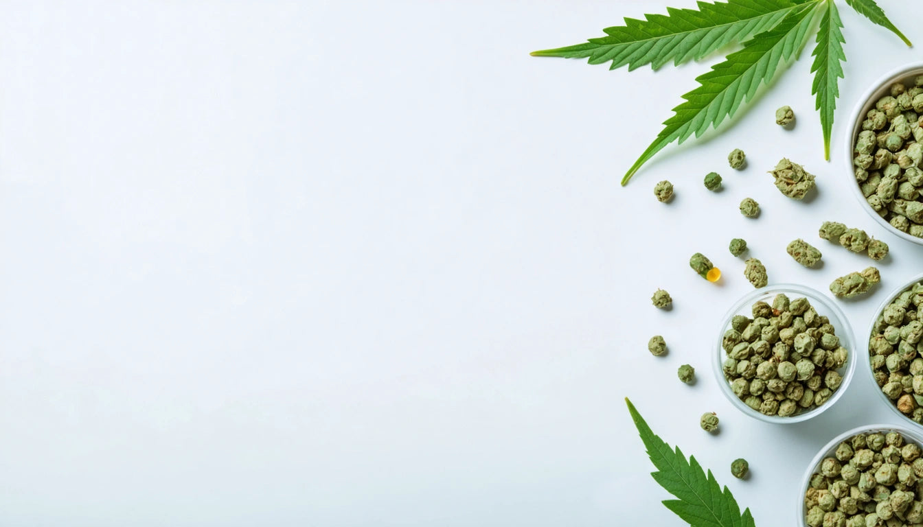 Green leaves and small round seeds scattered on white background, with seeds in small bowls on the right side