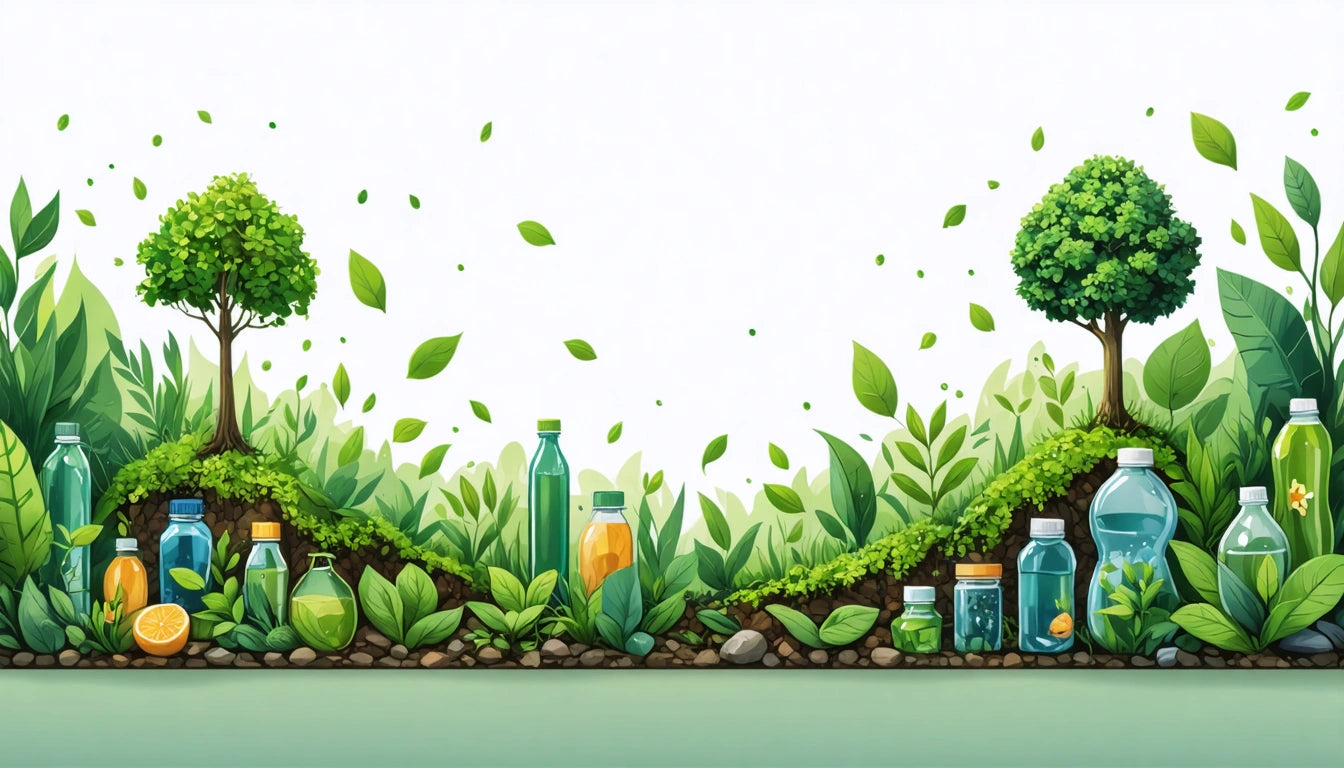 Various green bottles and jars among lush plants and trees, with leaves scattered in the air against a white background