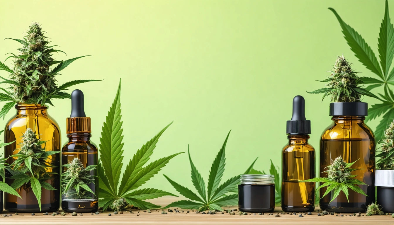 Amber dropper bottles, cannabis leaves, and buds on wooden surface against a light green background