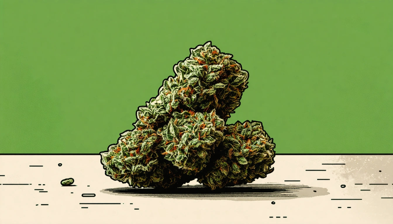 Dense green and orange cluster of textured plant material on a flat surface, set against a solid green background