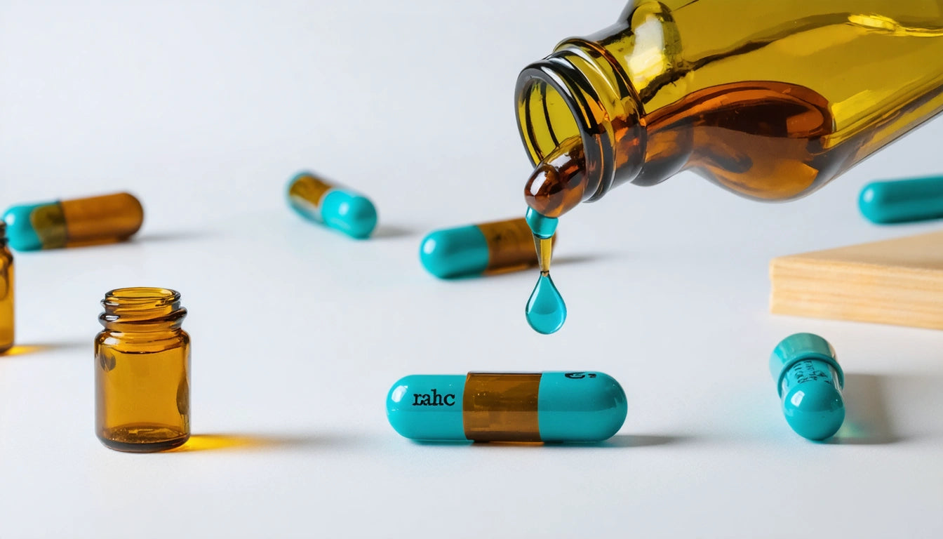 Amber bottle pouring blue liquid onto turquoise capsule, surrounded by more capsules and small amber bottle on white surface