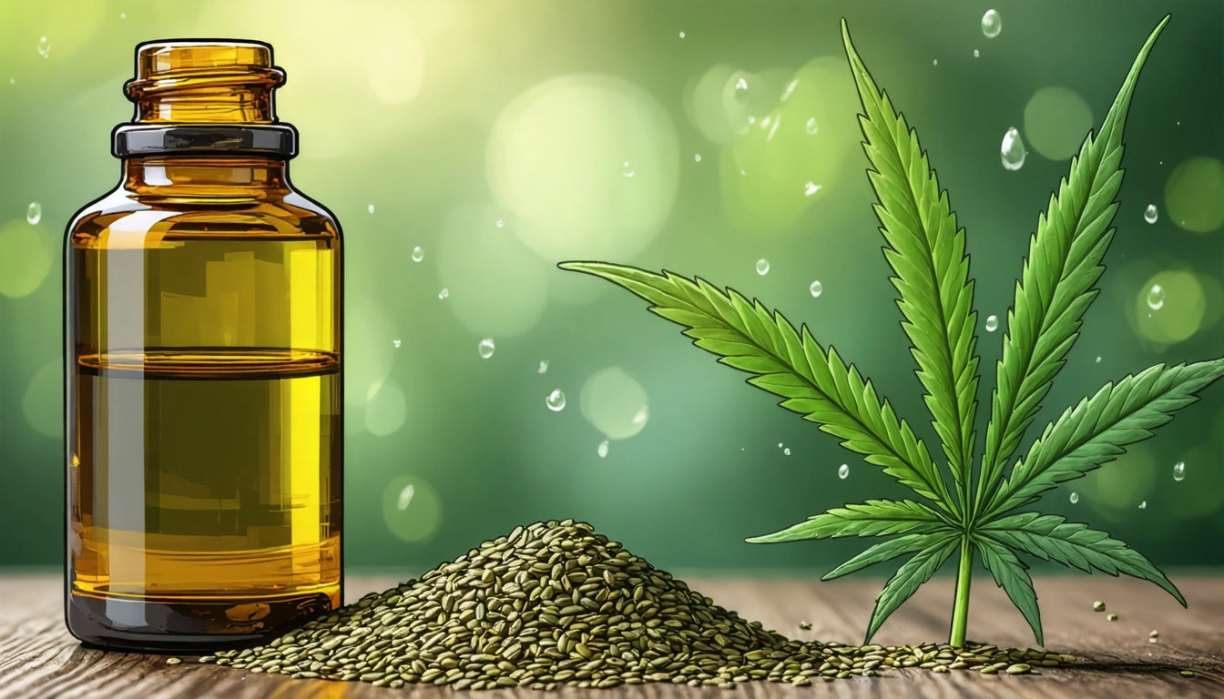 Amber glass bottle next to a pile of seeds and a green leaf on a wooden surface, with a blurred green background