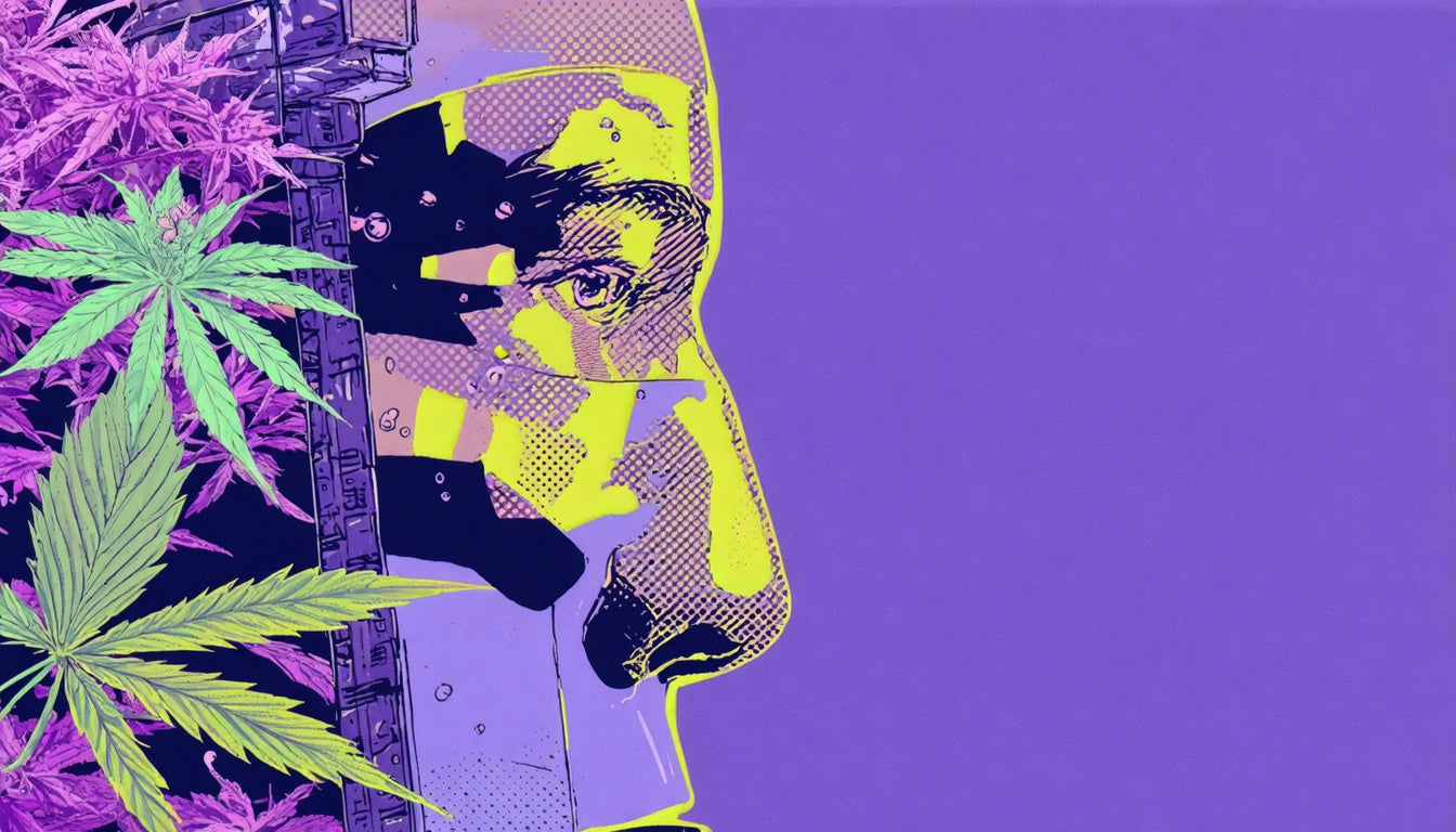 Profile of a stylized face with geometric patterns, surrounded by green and purple leaves, set against a purple background