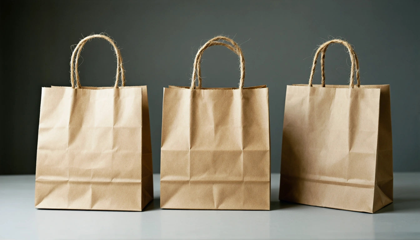 Three brown paper bags with rope handles on a gray surface, set against a dark gray background