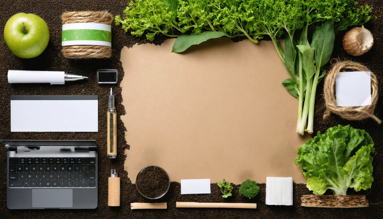 Laptop, green apple, lettuce, spinach, twine, pen, and blank papers arranged around a brown paper center on dark surface