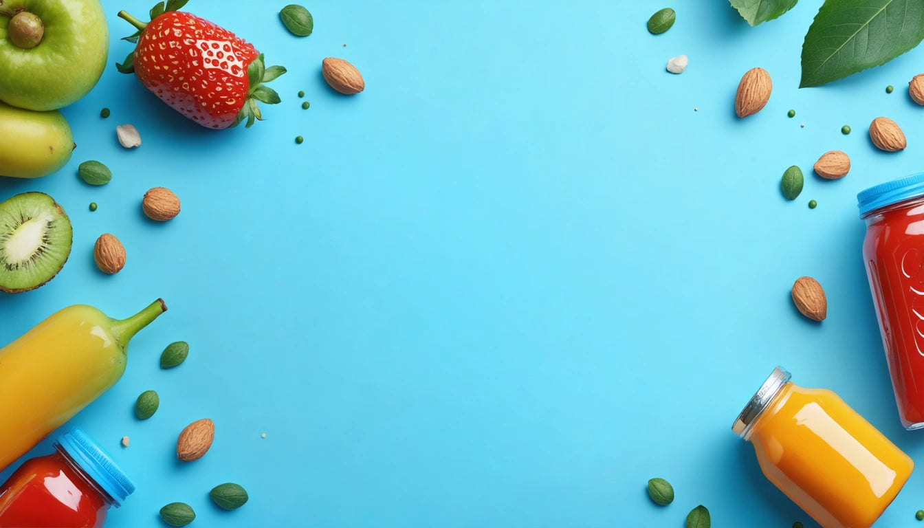Fruits, nuts, and juice bottles frame a blue background; includes strawberries, kiwi, almonds, and green leaves