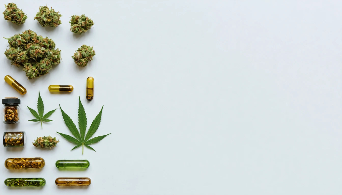 Cannabis buds, capsules, jars, and a leaf arranged on a white background