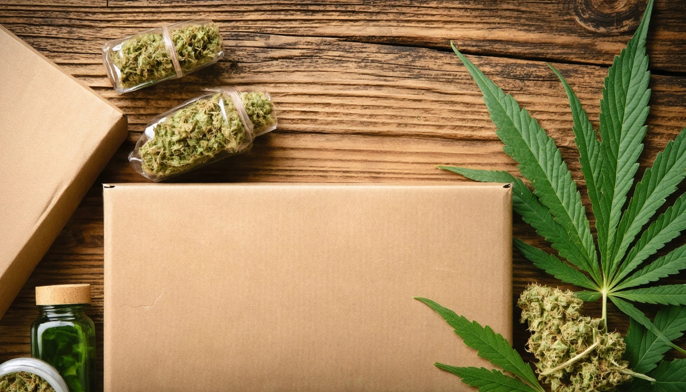 Brown cardboard box, glass jars with dried herbs, and green leaves on wooden surface